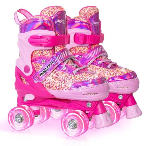 Nattork Kids Roller Skates for Girls Boys Kids, 4 Sizes Adjustable Fluorescent Quad Skates with Light up Wheels & Safety Protection - Cool Birthday Gift for Indoor Outdoor Sports