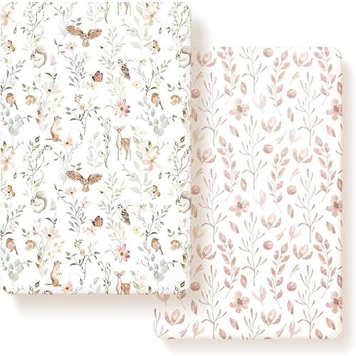Pack n Play Sheets FItted 2 Pack, Stretchy Ultra Soft Jersey Knit Pack and Play Sheets, Universal Fitted Portable/Mini Crib Mattresses Snug and Safe, Beautiful Blush Pink Floral and Cute Animals Print