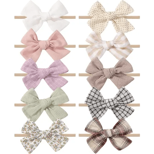 doboi 10PCS Baby Girls Headbands Hair Bows Nylon Cotton Linen Hairbands Fine Handmade Hair Accessories for Newborn Infant Toddlers Little Girls-Solid Plaid Stripe and Flowers
