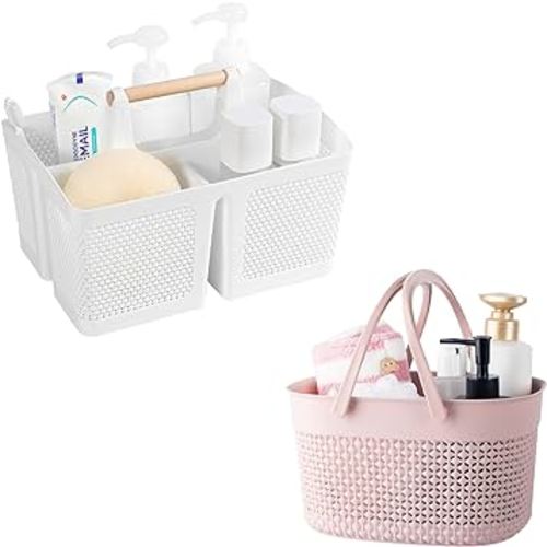 rejomiik Portable Shower Caddy Basket Plastic Cleaning Caddy Organizer Storage Tote with Handle for Bathroom, College, Dorm Room Essentials, Pink