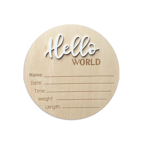 Baby Announcement Sign, 5.9 Inch Wooden Hello World Newborn Sign Birth Announcement Signs, Hello World Nursery Decor Sign & Photo Prop for Baby, Newborn Boys and Girls Gift(White)