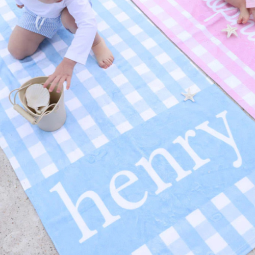 Blue Seersucker Personalized Kids Beach Towel | Caden Lane