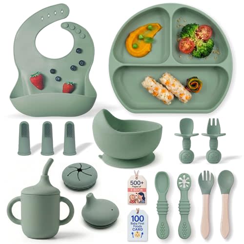 Remonda 17-Piece BPA-Free Baby Silicone Feeding Set | Extra Large Suction Plates, Toddler Bowls, Self Feeding Spoons, and More | Dishwasher Safe| Infant Led Weaning Supplies（Green）