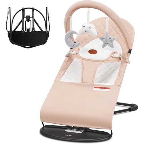 HKAI Baby Bouncer, Portable Baby Bouncer Seat for Babies 0-18 Months, 100% Cotton Fabrics, 3 Modes of use with Rocker and Stationary Options, Infant Rocker Chair with Hanging Toys-Organic Oat