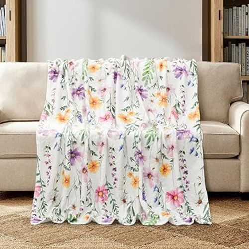 Horaldaily Spring Summer Flannel Blanket 50x60 Inches Watercolor Wildflowers Fleece Blanket Throw, Soft Lightweight Plush Cozy Blankets for Bed, Sofa, Couch, Travel, Camping