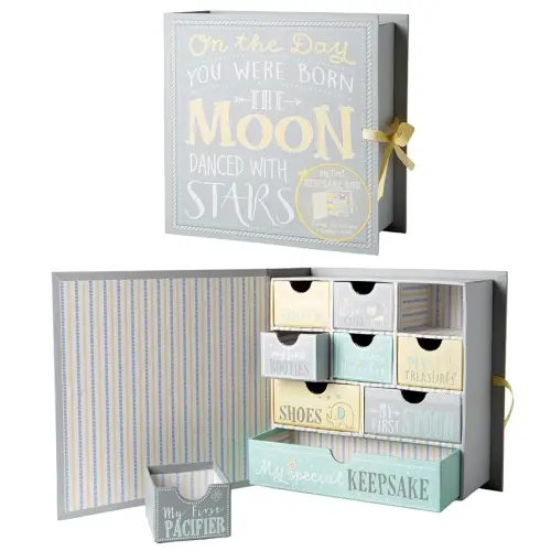 Votum Baby Keepsake Box for Treasured Memories, Moon & Stars - Lightweight, Handcrafted Baby Boxes with 9 Labeled Compartments for First Memories - Gender Neutral Baby Shower Gifts for Girls, Boys