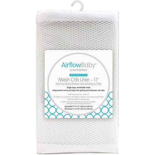 AirflowBaby by BreathableBaby, Breathable Mesh Liner for Cribs with 52"x28" (132x70cm) Mattress, White, Essential 2mm Mesh, 11" H (28cm) Style Covers 3 or 4 Sides, Safety Tested (Not for Mini Cribs)