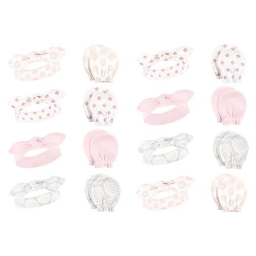 Hudson Baby Infant Girl 16Pc Headband and Scratch Mitten Set, Lace Medallion, 0-6 Months