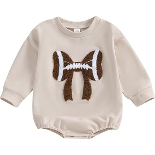 Karuedoo Newborn Baby Boy Girl Football Outfit Football Bow Sweatshirt Romper Oversized Long Sleeve Bubble Romper Bodysuit