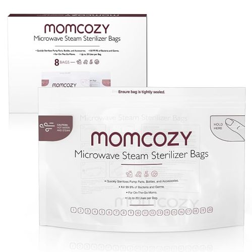 Momcozy Larger Microwave Steam Sterilizer Bags, 8 Count Travel Sterilizer  Bags for Breast Pump Parts/Baby Bottle, 20 Uses Per Bag, Breastpump