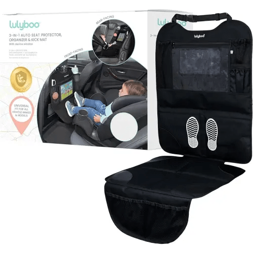 Lulyboo Car Seat Protection for Baby Carseat - Car Seat Organizer Back Seat - Behind Backseat Car Organizer for Kids Stuff, Toys, Tablet, Storage - Front & Rear Facing Kick Mat Seat Protector Black