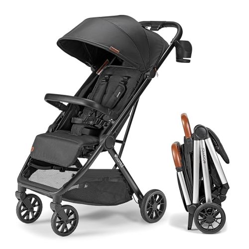 Bombi Bēbee V2 Lightweight Baby Stroller - Premium Vegan Leather, One-Hand Fold, Infinite Recline, Aircraft-Grade Aluminum Frame, XXL Canopy, and Ample Storage Umbrella Stroller - Onyx
