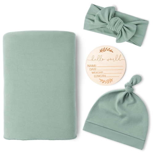 Newborn Baby Swaddling Cloth Set with Hat, Headband & Wooden Card – Soft Breathable Blanket for Nursing, Stroller & Photography Props, 80x80cm