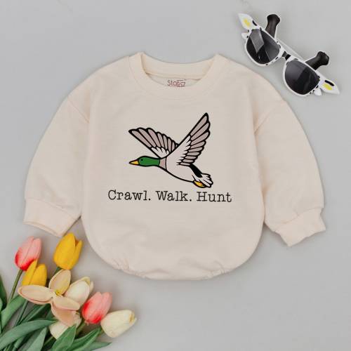 Craw Walk Hunt Baby Romper, Duck Hunting Bodysuit, Mallard Baby Clothes, Pregnancy Reveal, Newborn, Baby Shower Gift, Little Hunter Gift