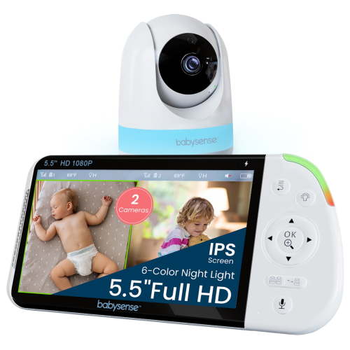 Babysense Full HD 5.5" Split Screen Baby Monitor with Camera and Audio, 6-Color Night Light, White Noise, Sound & Light Machine, 20-Hour Battery, Hack-Proof Non-WiFi Secure Connection