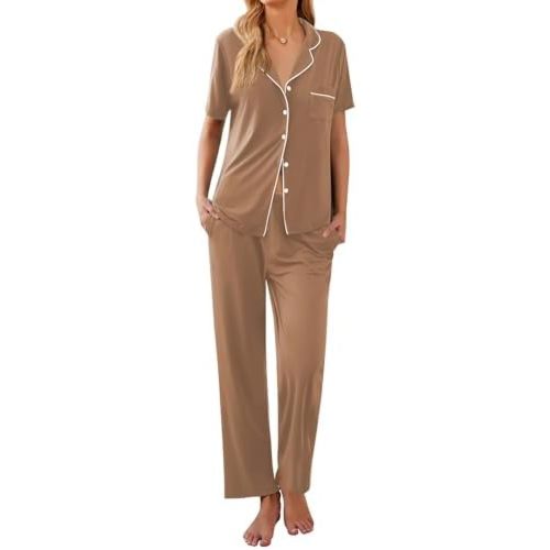 Ekouaer Women Pajamas Set Button Down Sleepwear Short Sleeve Nightwear with Long Pants Soft Pjs Set S-XXL