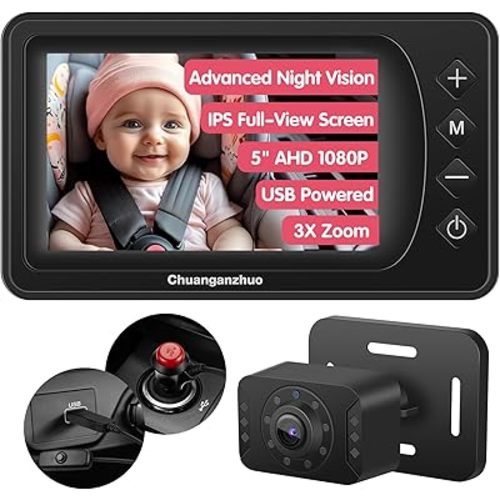 Baby Car Camera with Advanced Crystal-Clear Night Vision, 3X Zoom, USB Powered, 5'' AHD 1080P IPS Full View Car Baby Monitor, Backseat Camera for Kids Infants Rear Facing Mirror, 5inch Black