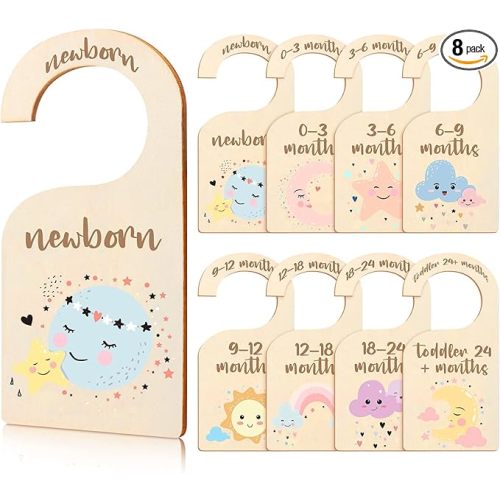 Wooden Baby Closet Dividers, 8 Pcs Double-Sided Baby Clothes Organizer from Newborn to 24 Month,Baby Clothes Size Dividers for Baby Room, Nursery Decor, Daycare Wardrobe - Cute Stars Moon