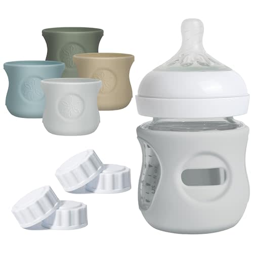 Joxodak 4 Pack Silicone Sleeves for Philips Avent Natural Glass Bottle, Food Grade Silicone Cover and 4pcs Travel Caps, Lids Replacement (Dark Blue+Dark Green+Grey+Beige, 4oz)