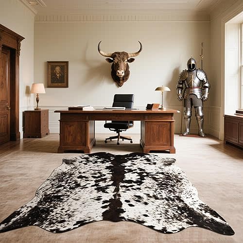 Faux Cowhide Rug, 4.6 x 5.2 ft Cowhide Rug for Living Room, Bedroom, Wall - Non-Slip,Brown White