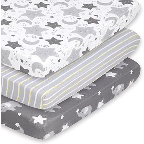 The Peanutshell Mini Crib Fitted Sheets Set, Playard, Pack Play Sheets, Playpen, Elephant Stars