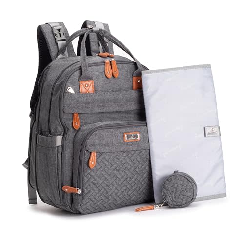 BabbleRoo Extra Large Diaper Bag Backpack, Expandable Baby Bag with Up to 50% More Capacity - Travel Essentials Baby Bag Tote with Changing Pad, Stroller Straps & Pacifier Case - Unisex, Dark Gray