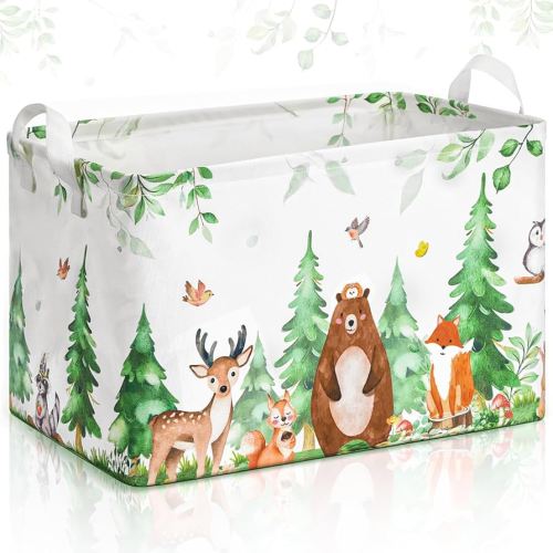 Buryeah Woodland Animals Gift Storage Basket, Bear Fox Deer Collapsible Rectangular Storage Bin with Handles Clothes Doll Books Gift Baskets for Woodland Baby Shower Birthday Nursery Decor(Forest)