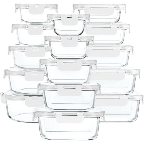 M MCIRCO 30 Pieces Glass Food Storage Containers with Upgraded Snap Locking Lids,Glass Meal Prep Containers Set - Airtight Lunch Containers, Microwave, Oven, Freezer and Dishwasher Friendly (White)
