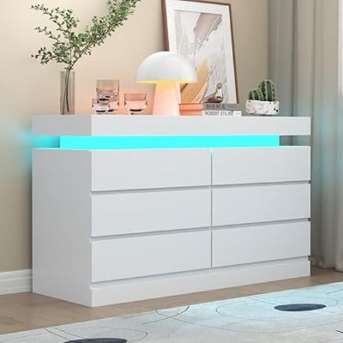 6 Drawer Dresser with Power Outlet, White Dresser with LED Light, Modern Chest of Drawers for Closet, Double Wide Drawer Organizer Cabinet for Bedroom, Living Room, Entryway, Hallway
