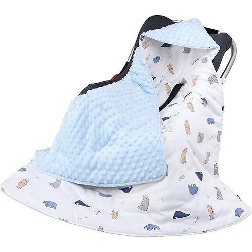 Winter Car Seat Blanket for Babies, Warm Minky Dot Carseat Swaddle Blankets for Infants Newborn, Universal Fit for Baby Car Seat, Bear, 35.4"x35.4"