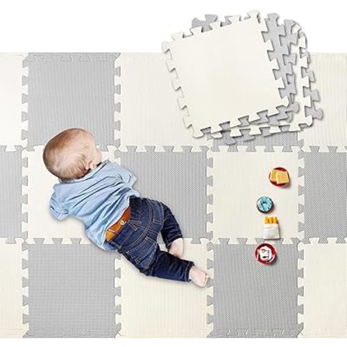 LIVINGbasics Baby Play Mat, 18 pcs Puzzle EVA Foam Exercise Play Mat 1.62 Sqm Coverage Interlocking Floor Tiles, 0.39" Thick Portable Crawling Floor Mats for Kids Toddler