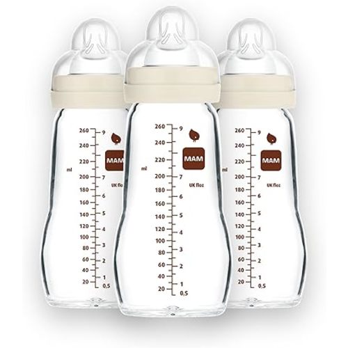 MAM Feel Good Medium Flow Premium Glass Baby Bottles, Easy Switch Between Breast and Bottle, 9oz, 0+ Months, Unisex, 3 Pack