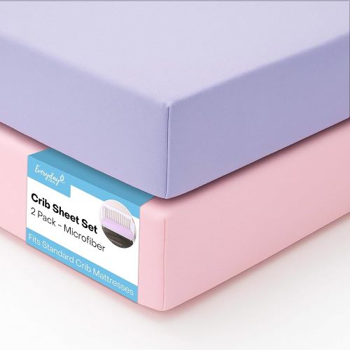 Everyday Kids 2-Pack Fitted Crib Sheets, 100% Soft Breathable Microfiber Baby Sheet, Fits Standard Size Mattress 28in x 52in, Lavender, Pink Nursery Sheet