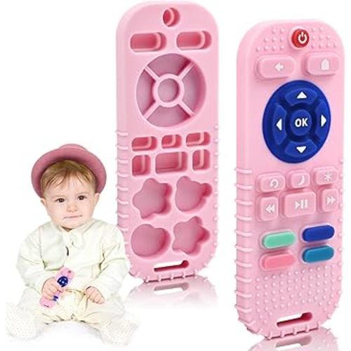 AiTuiTui Baby Teething Relief Sensory Chew Toys for 3 6 9 12 Months, Silicone Infant Teether Remote Control Bath Toy for Newborn Toddlers Boy Girl Autism Baby Shower Birthday Gifts, Dark Pink