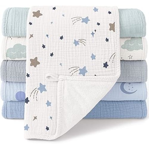 Bearmoss 100% Cotton Muslin Burp Cloths Sets 6 Pack 20x10inch Large Burping Clothes Extra Soft Absorbent for Newborn Unisex Baby Girls and Boys (Bluesky)