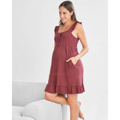Grace Hospital Birthing Gown/Night Dress with Nursing Access - Burgundy Red