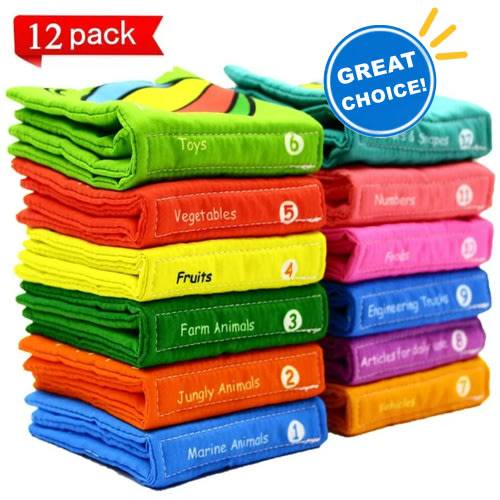 Howarmer Soft Infant Books, Baby's First Non-Toxic Fabric Soft Cloth Book Set, Rainbow Early Education Toys for Toddler, Infants and Kids, Pack of 12