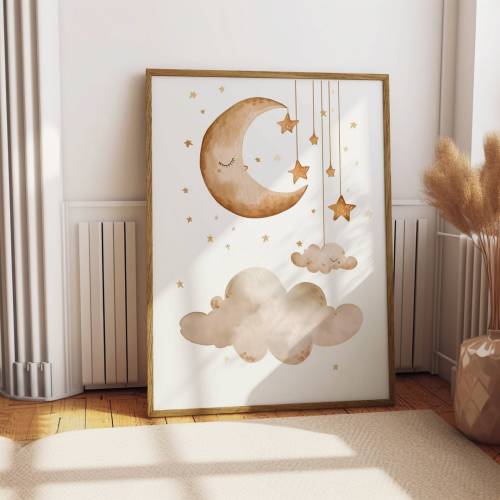 Dreamy Moon and Stars Nursery Wall Art, Cute Clouds and Stars Print for Kids Room, Sleepy Time Artwork, Unframed Baby Room Decor