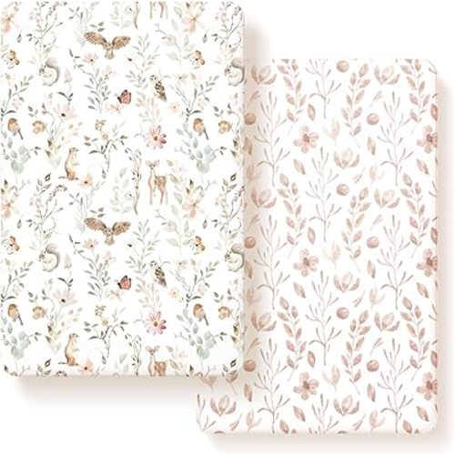 Pack n Play Sheets FItted 2 Pack, Stretchy Ultra Soft Jersey Knit Pack and Play Sheets, Universal Fitted Portable/Mini Crib Mattresses Snug and Safe, Beautiful Blush Pink Floral and Cute Animals Print