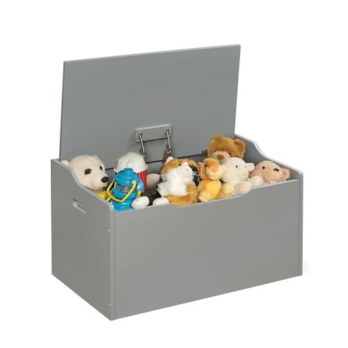 Badger Basket Bench-Top Wooden Toy Box in Gray – Safe Storage Chest with Dual Safety Hinges, Side Handles, and Front Slot