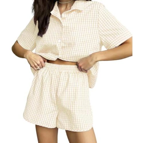 Womens Gingham Pajama Set Shorts Pj Set Short Sleeve Button Down Sleepwear Cute Pjs