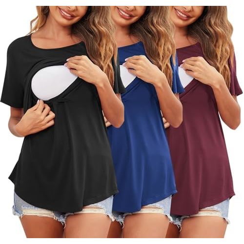 Ekouaer Women's Maternity Shirts Short Sleeves Nursing Tops 3 Pack Double Laye Breastfeeding Tees Pregnancy Clothes S-XXL