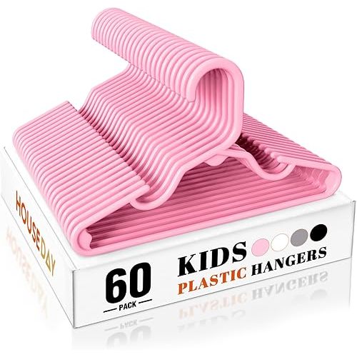 HOUSE DAY Premium Baby Hangers 60 Pack, 11 Inch Kids Plastic Hanger Pink, Slim Childrens Hangers for Infant, Toddler, and Child Clothes, Durable Baby Clothes Hanger for Closet