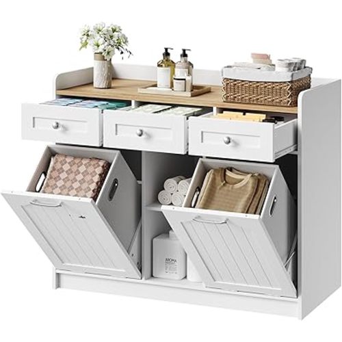 HOOBRO Laundry Cabinet with Dual Baskets, 3-Drawer Freestanding Storage Organizer with Open Shelving, Farmhouse Laundry Hamper for Bathroom, Kitchen, White and Walnut, WN41XY01