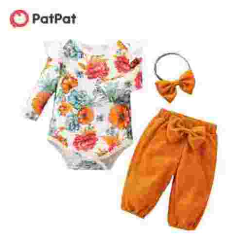 PatPat 3pcs Newborn Romper & Waffle Trouser Set, Floral Print Jumpsuit, 0-18 Months