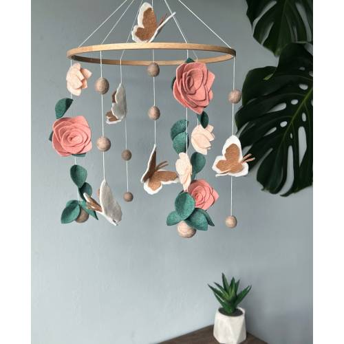 Flowers baby mobile, Butterfly crib mobile, green floral baby mobile, hanging felt mobile, cot mobile for baby girl, flowers nursery decor