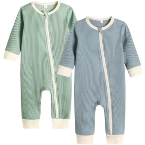 Bafeicao Unisex Baby Boy Girl 2 Pack Rompers Long Sleeve Two Way Zipper Romper One Piece Jumpsuits Clothes Sets