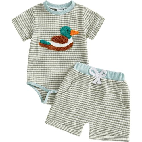 Douhoow Baby Boy Summer Clothes Duck Golf Embroidered Short Sleeve Waffle Baby Romper Shorts Infant Boy Festival Outfits