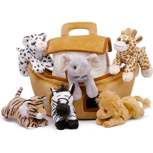 Plush Noah's Ark with Animals - Six (6) Stuffed Animals (Lion, Zebra, Tiger, Giraffe, Elephant, and White Tiger) in Play Ark Carrying Case