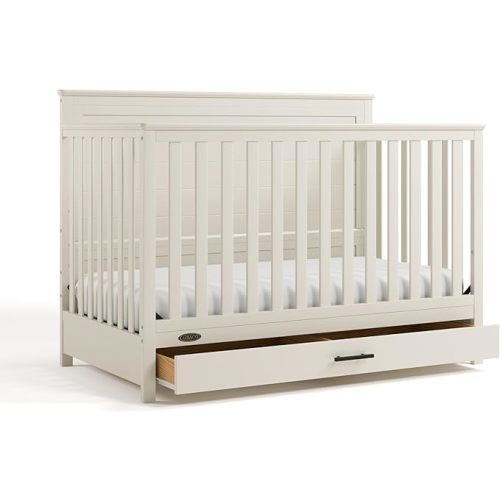 Graco Tristan 5-in-1 Convertible Crib with Drawer (Frosted Oat) – GREENGUARD Gold Certified, Fits Standard Crib Mattress, Premium Handle, Converts to Toddler Bed, Daybed, and Full-Size Bed